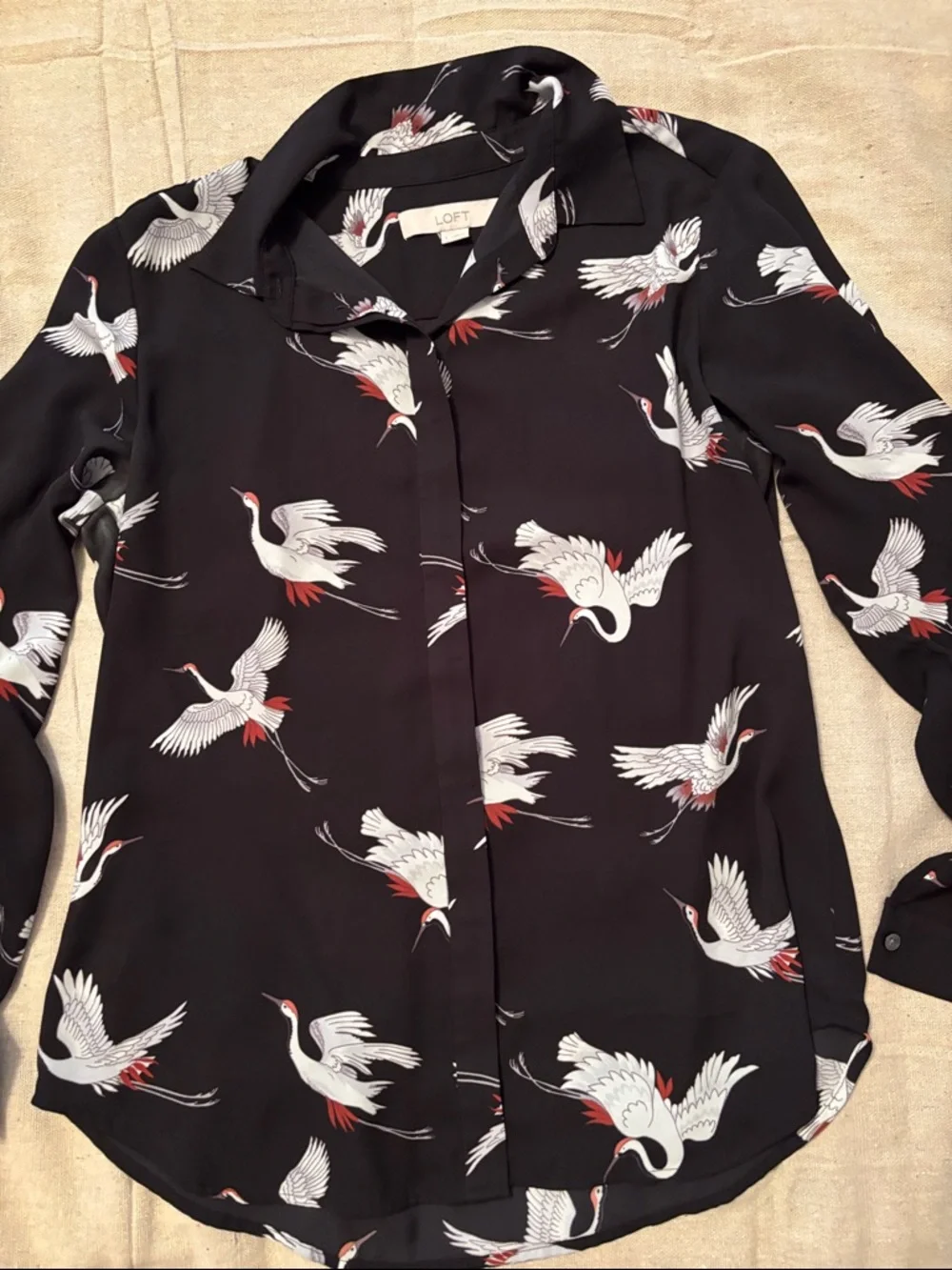 LOFT Black Crane Print Button-Down Blouse - Picture 3 of 7